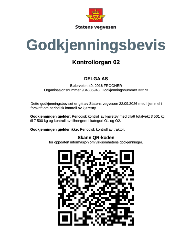 Godkjenningsbevis Kontrollorgan 02 fra Statens vegvesen