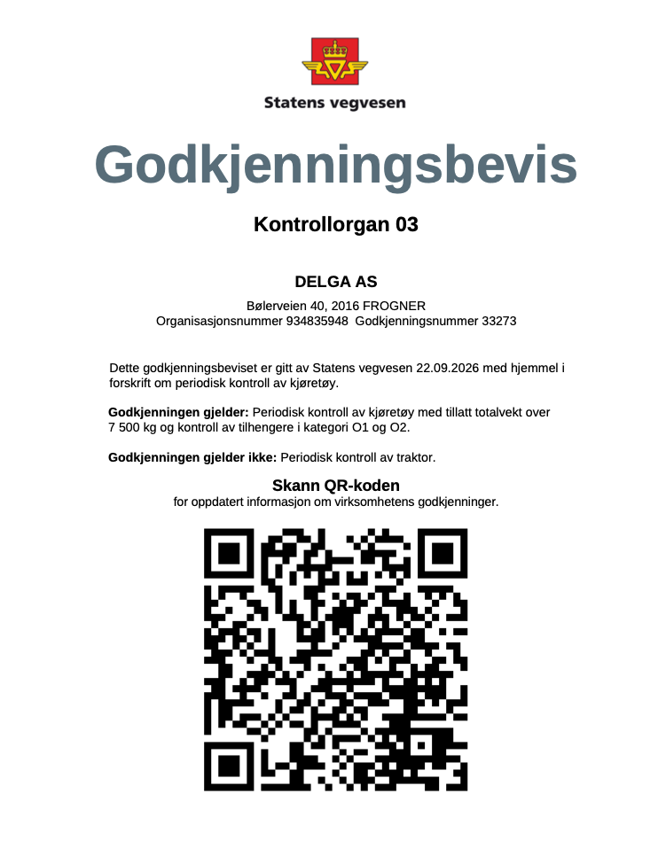 Godkjenningsbevis Kontrollorgan 03 fra Statens vegvesen