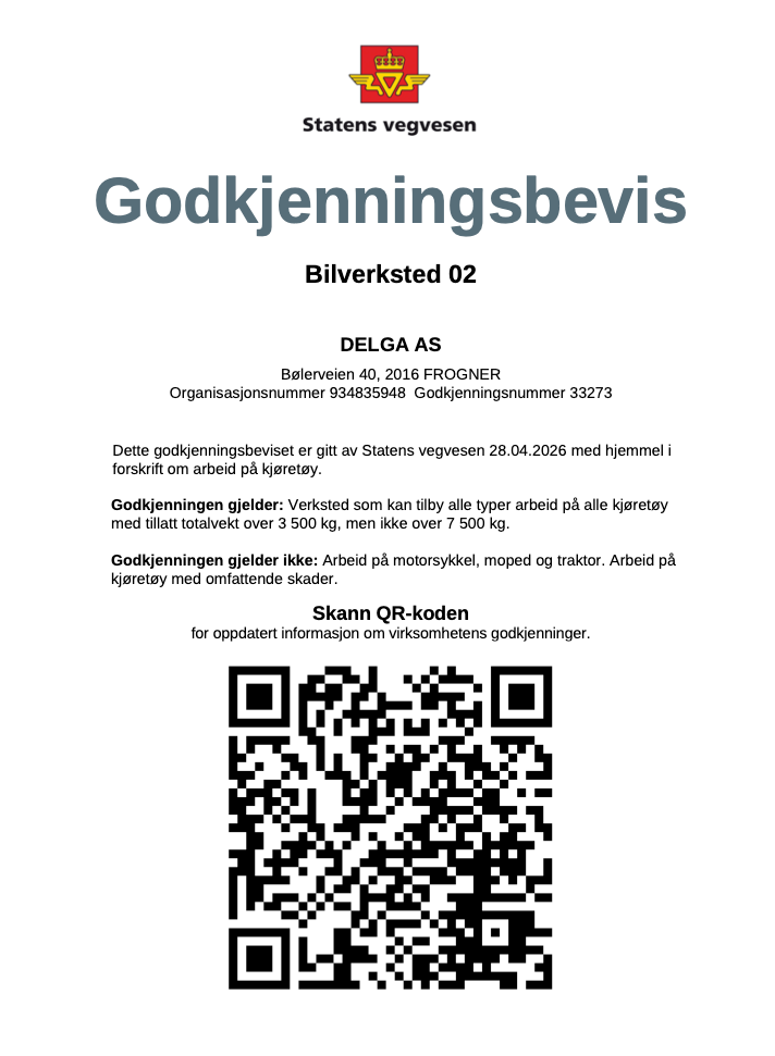 Godkjenningsbevis Bilverksted 02 fra Statens vegvesen