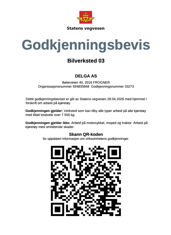 Godkjenningsbevis Bilverksted 03 fra Statens vegvesen